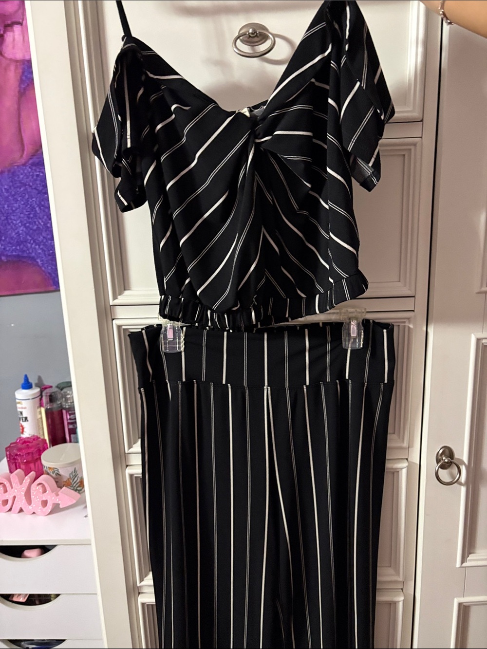 Express Black and White Striped One-Shoulder Dress Set